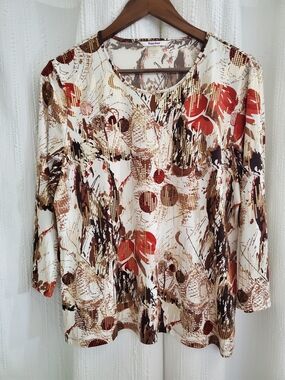 TanJay  Womens L Cream Long-Sleeve Floral Abstract Print Top with Rust Accents